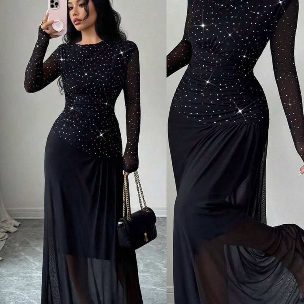 Elegant Black Rhinestone Mesh Long Sleeve Evening Dress
